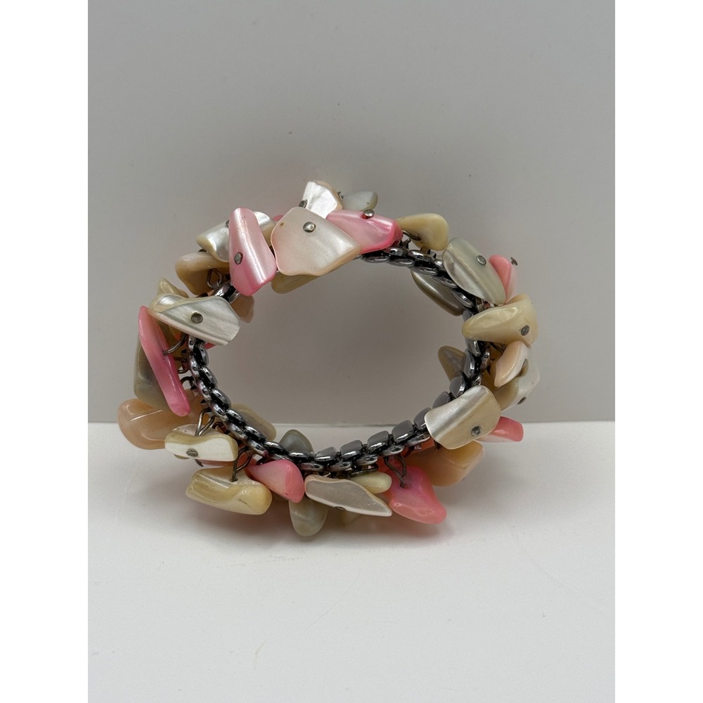 Vintage JSFK Japanese Pink White Mother of Pearl Shell Expansion Bracelet